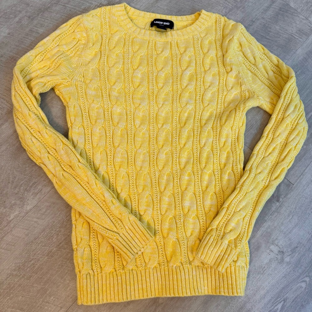 Lands' End Women's Yellow and White Marled Drifter Sweater, 100% cotton, Size XS